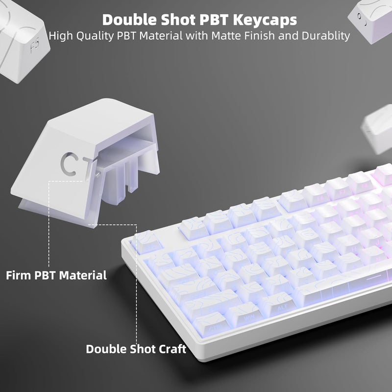 FunHub White Topographic PBT Keycaps,97 Key Caps Set Side Printed,No Tear & Fade Shine Through RGB Backlit Cherry Profile Keycaps (Ergonomic,Doubleshot) for 61/64/66/68/71/75/84/87 MX Mechanical Keyboards - Image 4